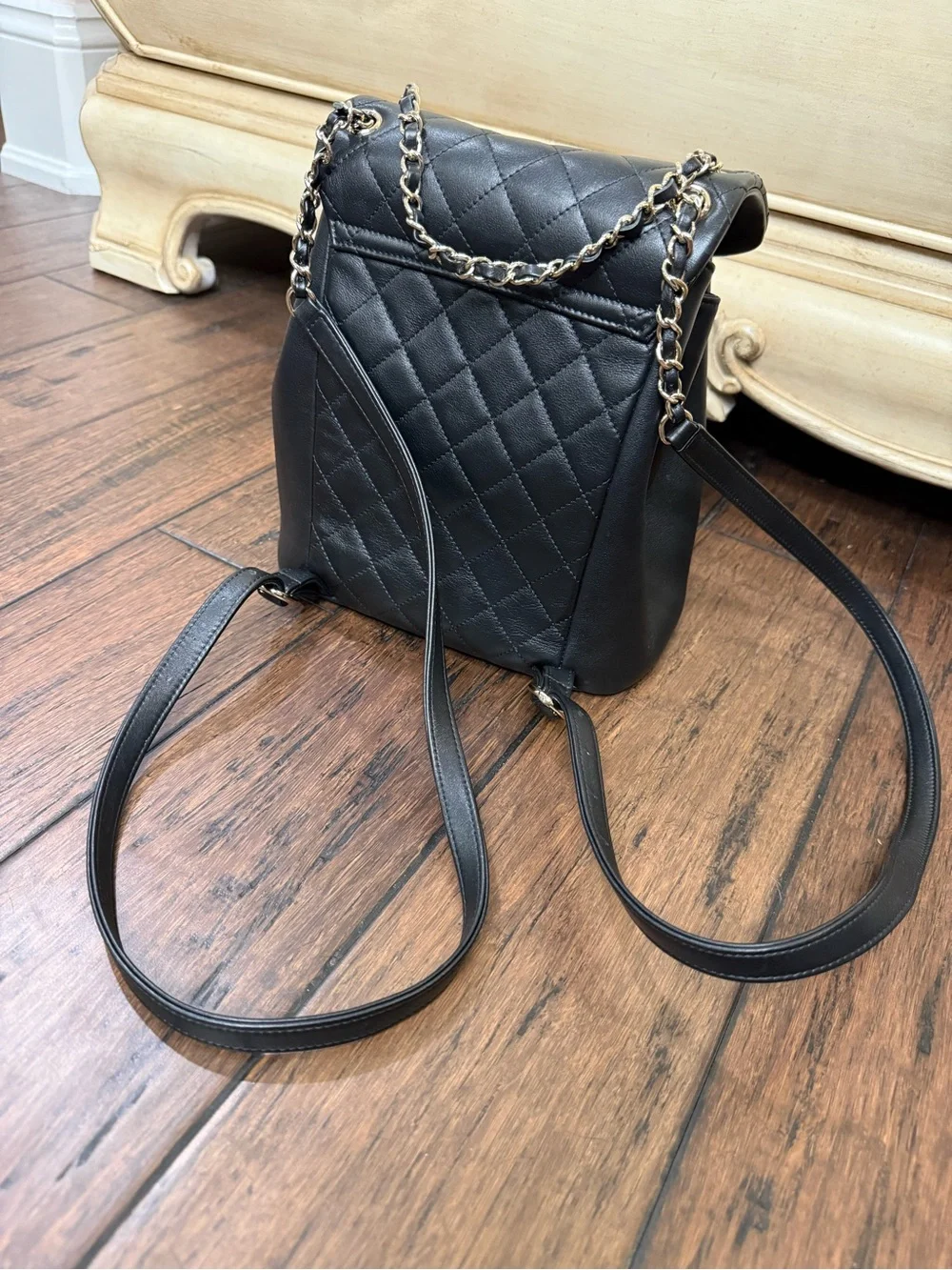 Black Quilted Leather Backpack in with Gold hardware